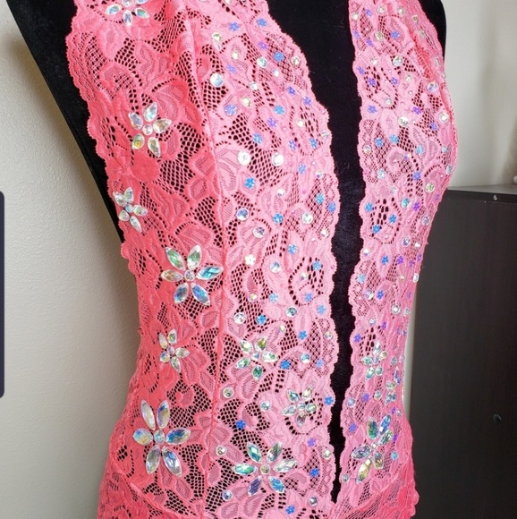 Pink Rave Bodysuit / Rhinestone Bodysuit - Picture 2 of 2
